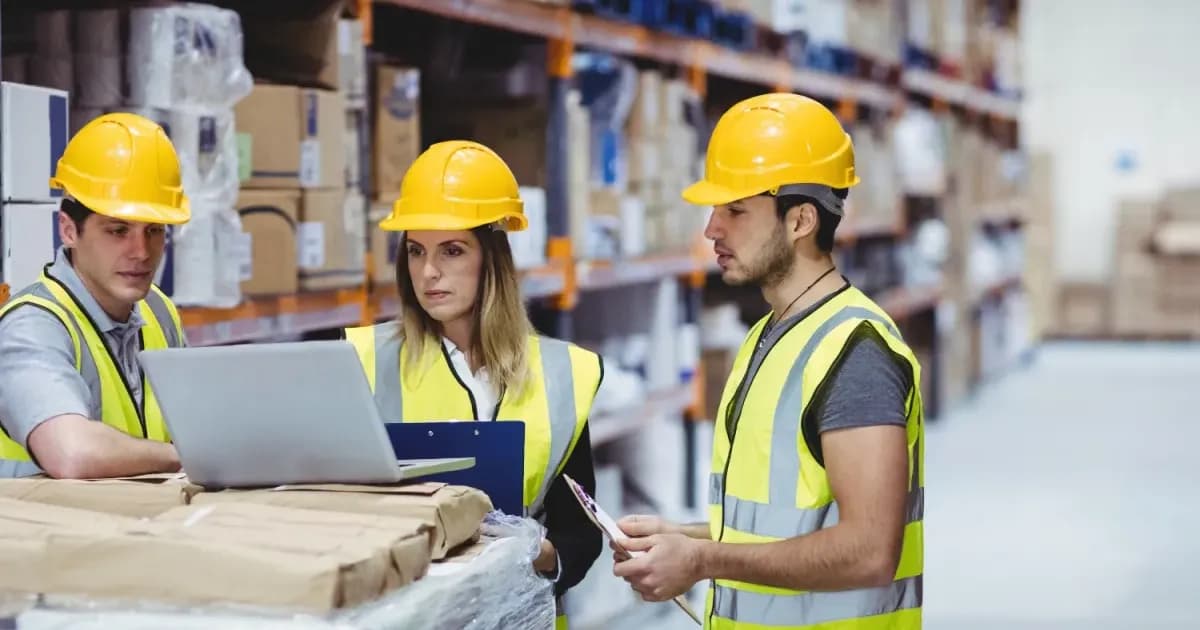 Tres profesionales de logística revisan datos en una laptop dentro de un almacén