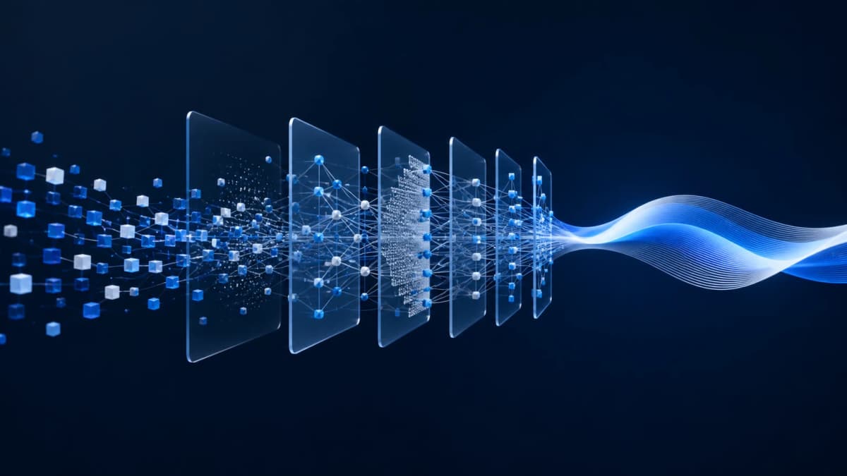 Fluxo abstrato de unidades de linguagem atravessando as camadas de um modelo de inteligência artificial