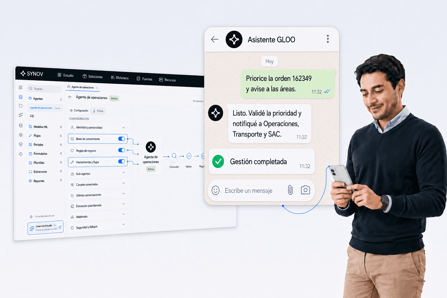 Un asistente Gloo ejecuta una tarea operativa y confirma el resultado por WhatsApp