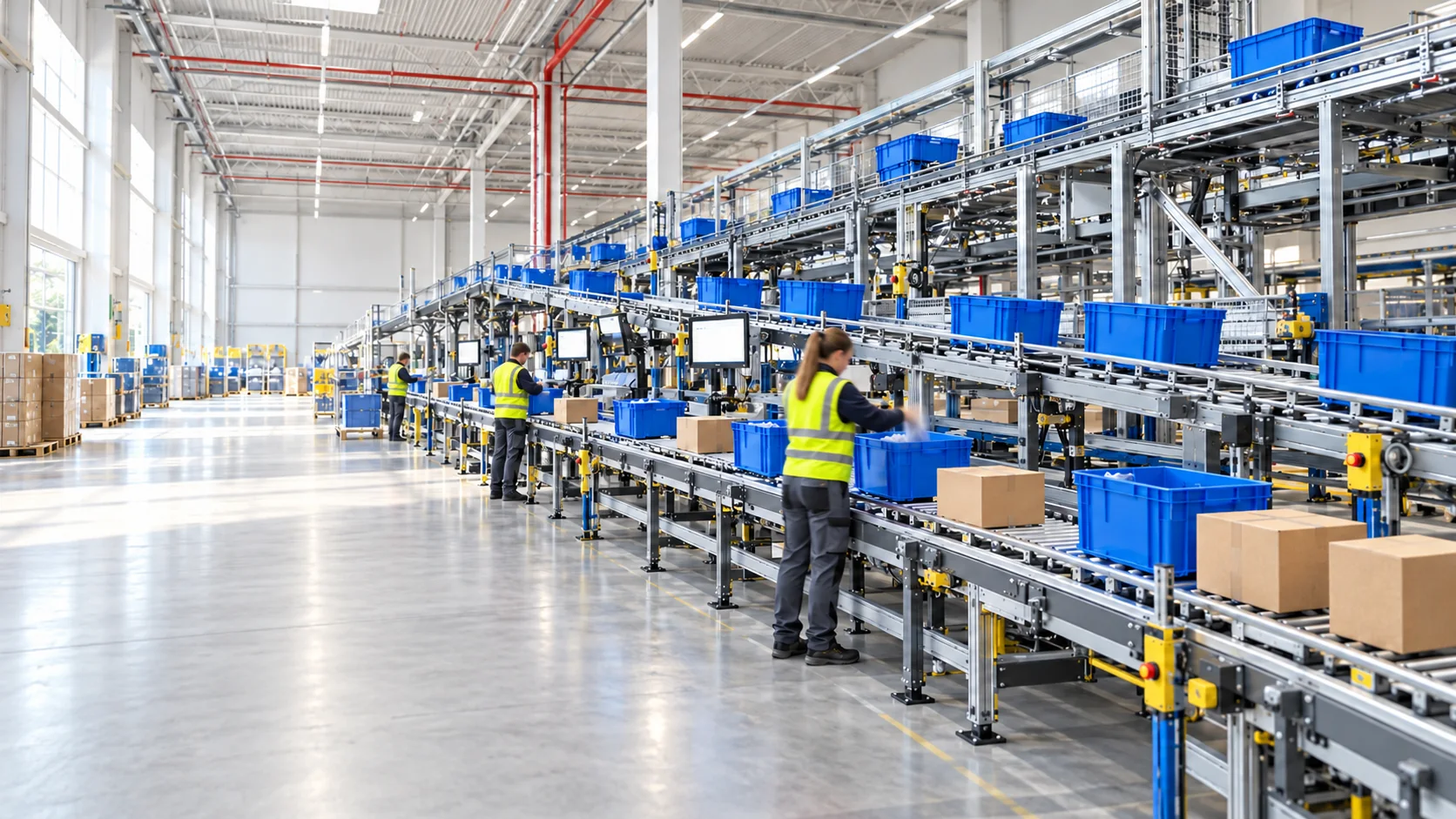 Centro de distribución automatizado con contenedores azules y operarios con chalecos verdes