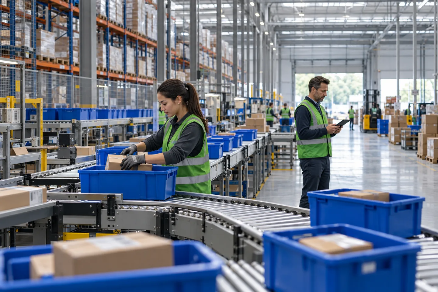 Equipo con chalecos verdes preparando pedidos entre transportadores y contenedores azules