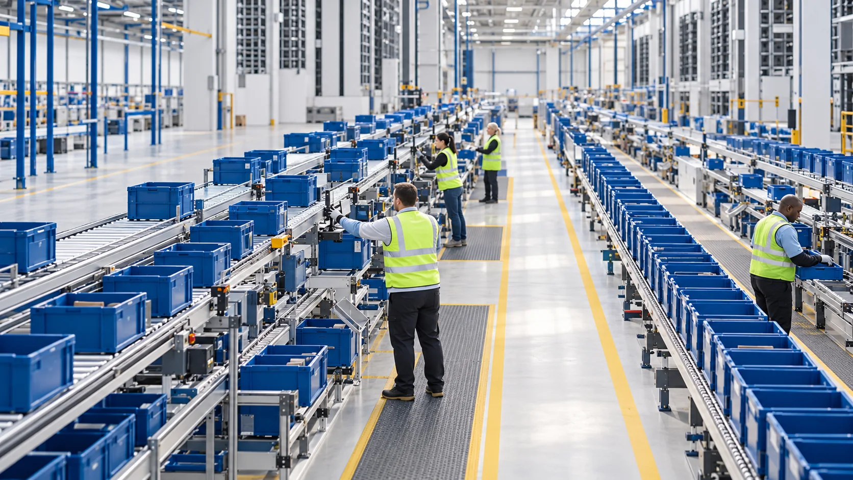 Líneas de clasificación con contenedores azules y operarios con chalecos verdes